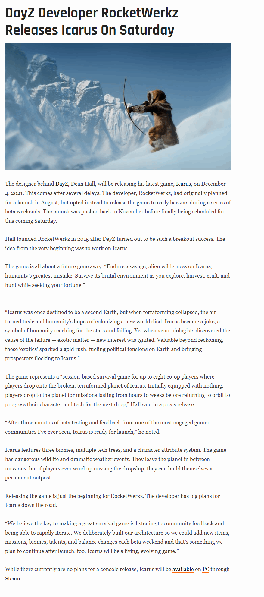 Developer RocketWerkz Releases Icarus On Saturday