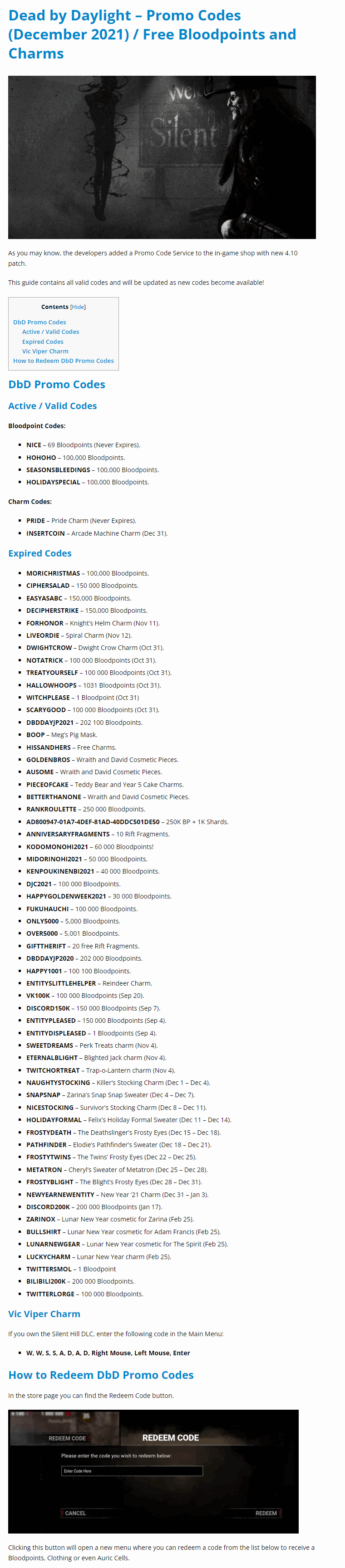 Promo Codes (December 2021) / Free Bloodpoints and Charms