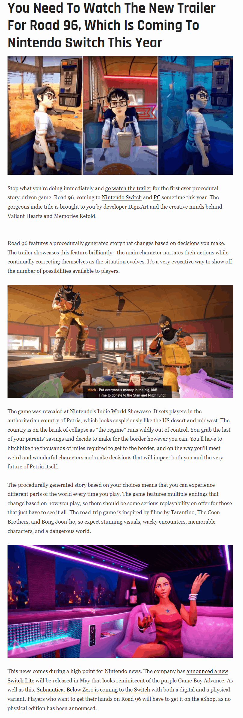 You Need To Watch The New Trailer For Road 96, Which Is Coming To Nintendo Switch This Year